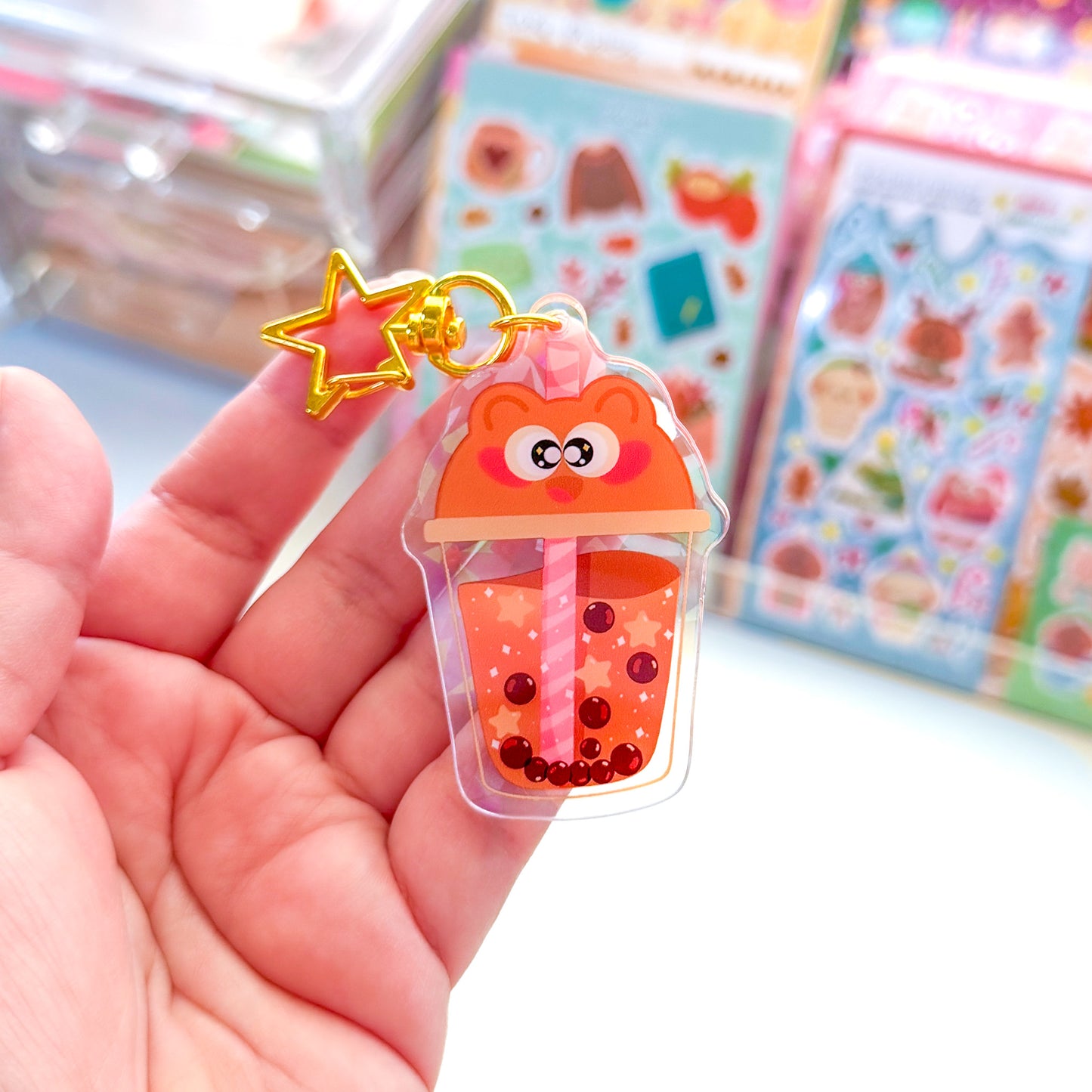 Cute Bear Boba Holographic Acrylic Keychain