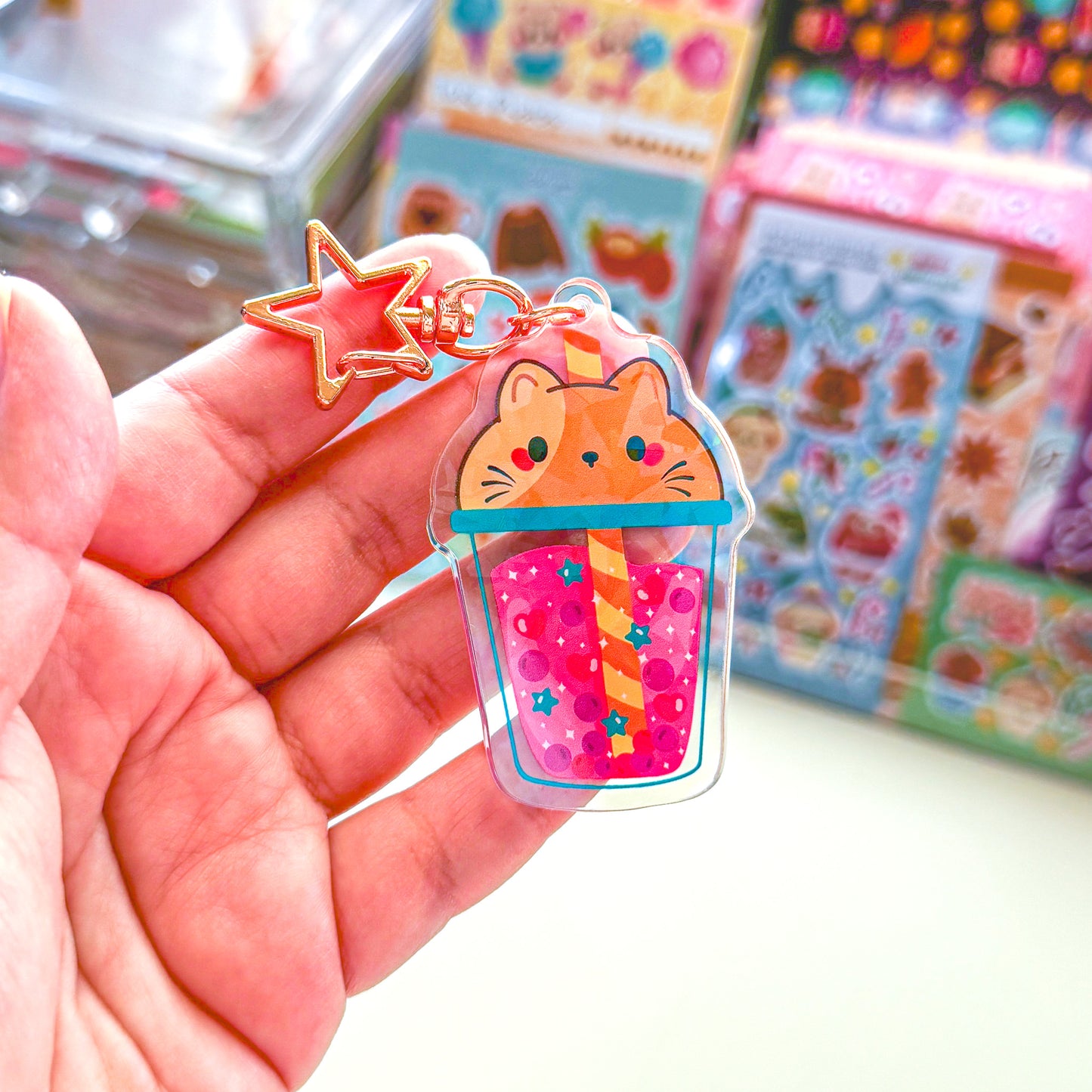 Cute Cat Pink Boba Holographic Acrylic Keychain