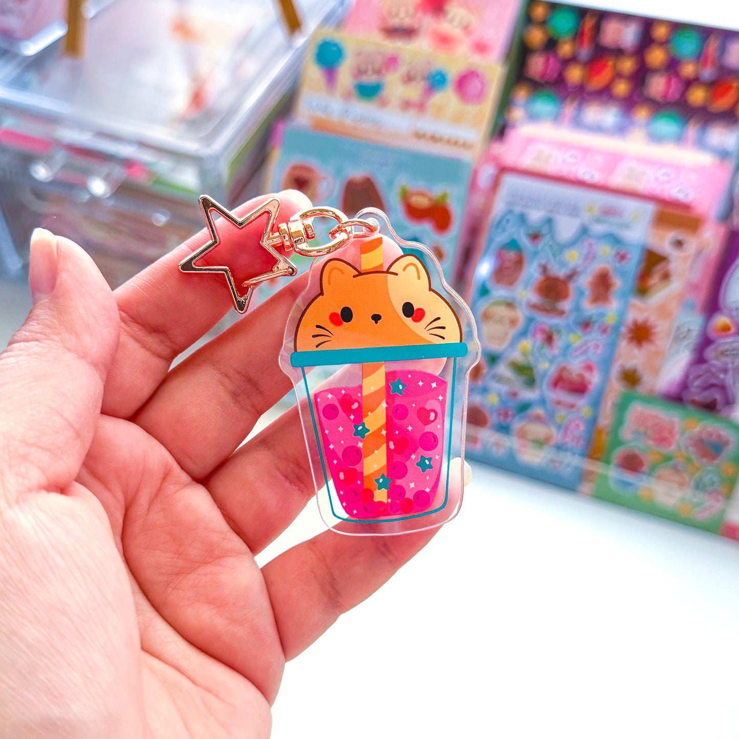 Cute Cat Pink Boba Holographic Acrylic Keychain