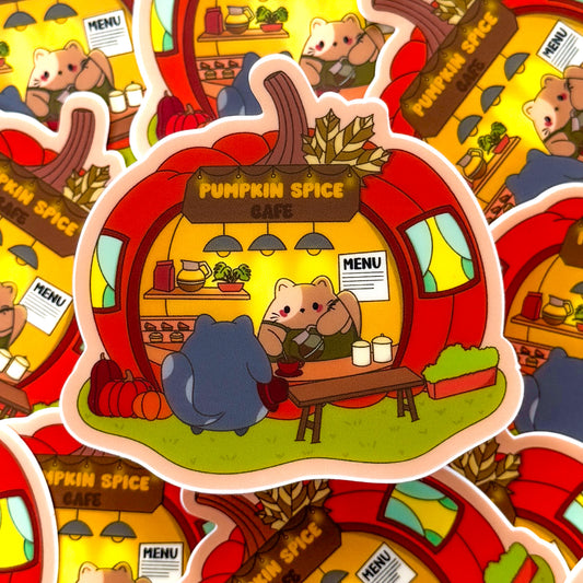 Cozy Fall Pumpkin Spice Cafe Chubbs Cat Waterproof Die-cut Sticker