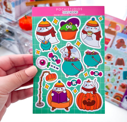 Cozy Spooks Ghostie Chubbs Cat Vinyl Matte Sticker Sheet
