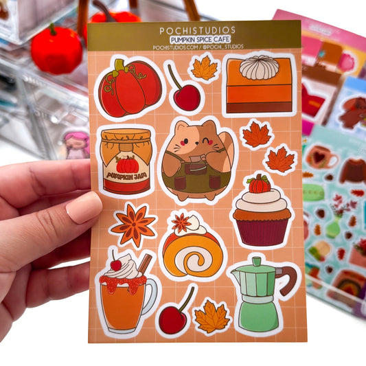 Pumpkin Spice Cafe Chubbs Cat Autumn Vibes Matte Vinyl Sticker Sheet