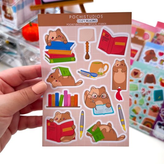 Cozy Reading Chubby Chubbs Cat Matte Vinyl Sticker Sheet
