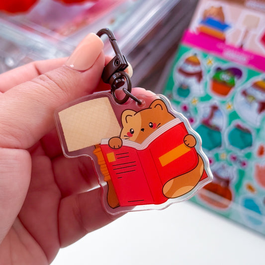 Cozy Chubbs Cat Book Reading Acrylic Keychain