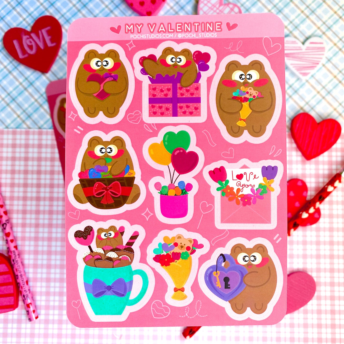 Be My Valentine Pochi Bear In Love Matte Vinyl Sticker Sheet