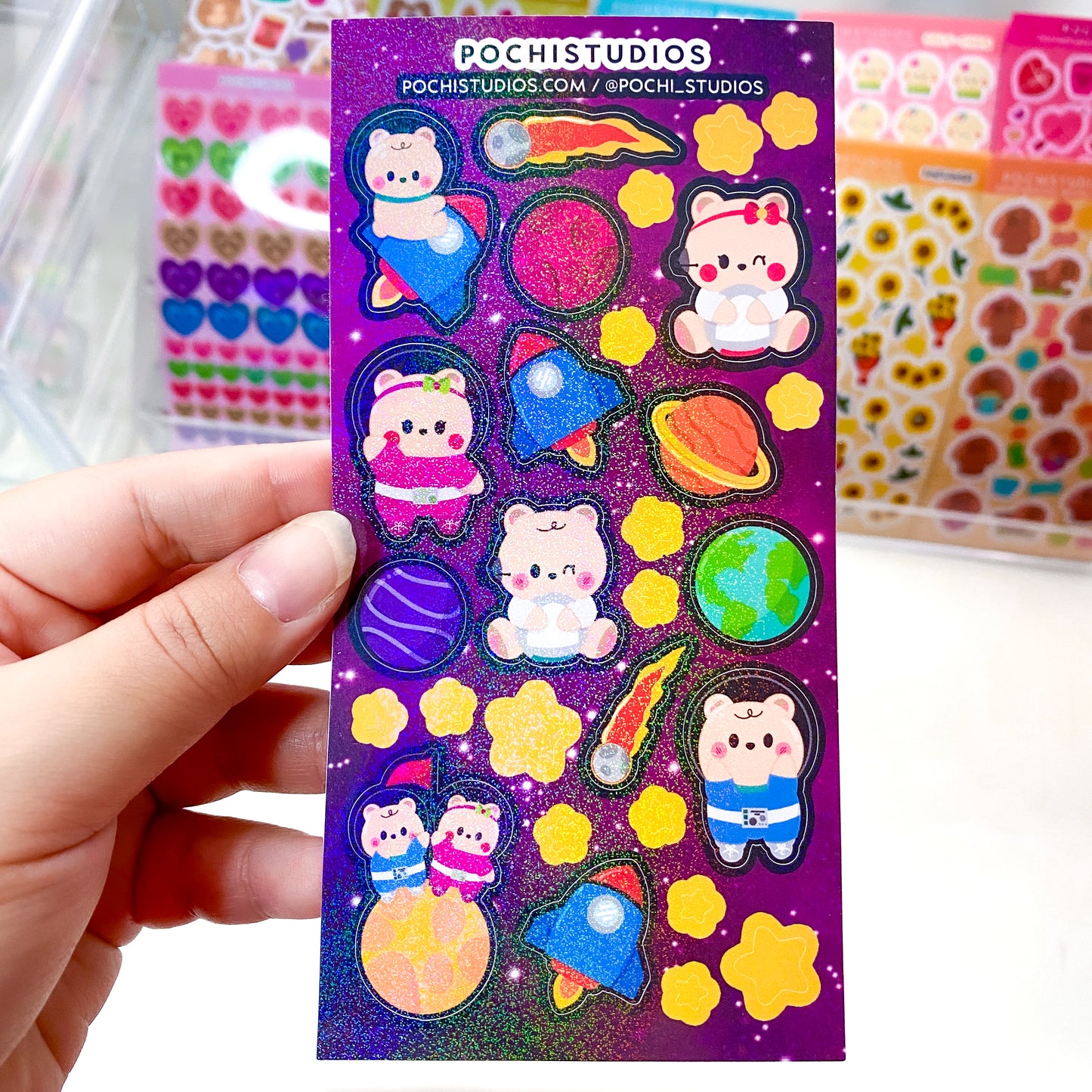 Baby Bear Twins Space & Planets Holographic Sparkly Vinyl Sticker Sheet