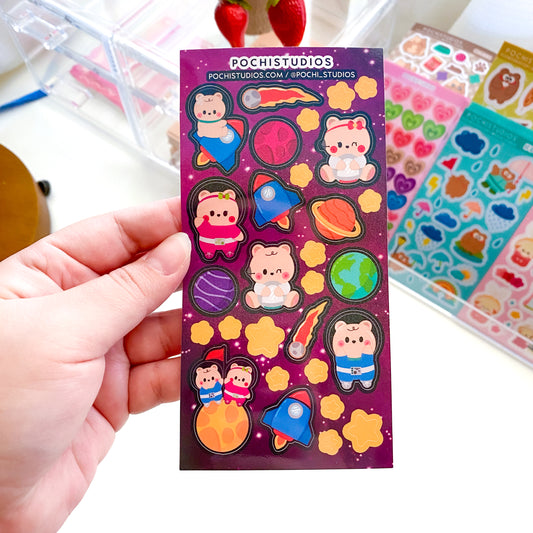 Baby Bear Twins Space & Planets Holographic Sparkly Vinyl Sticker Sheet