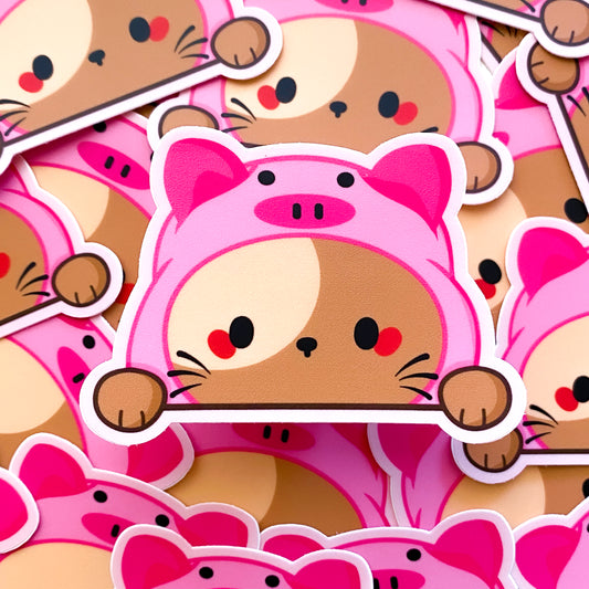 Cute Piggy Pink Chubby Kitty Chubbs Peeking Waterproof Matte Vinyl Die-Cut Sticker