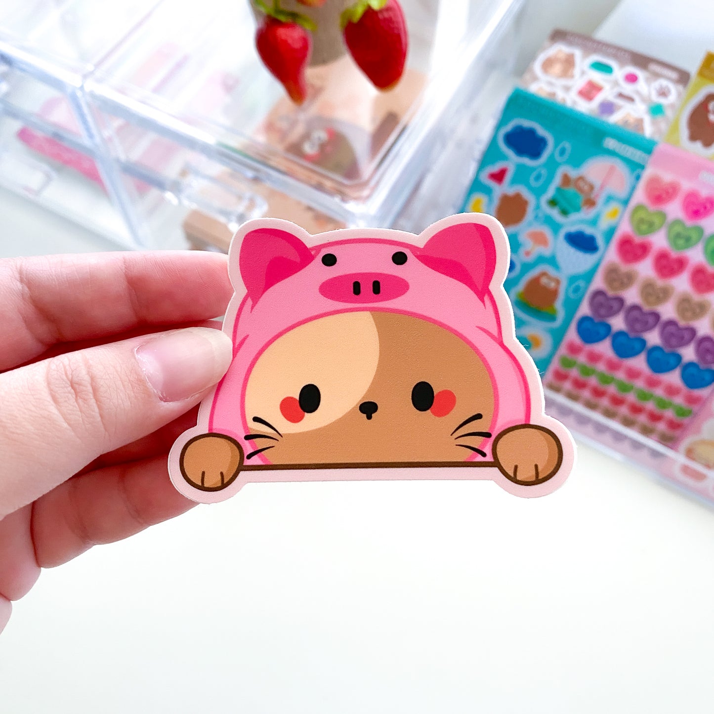 Cute Piggy Pink Chubby Kitty Chubbs Peeking Waterproof Matte Vinyl Die-Cut Sticker