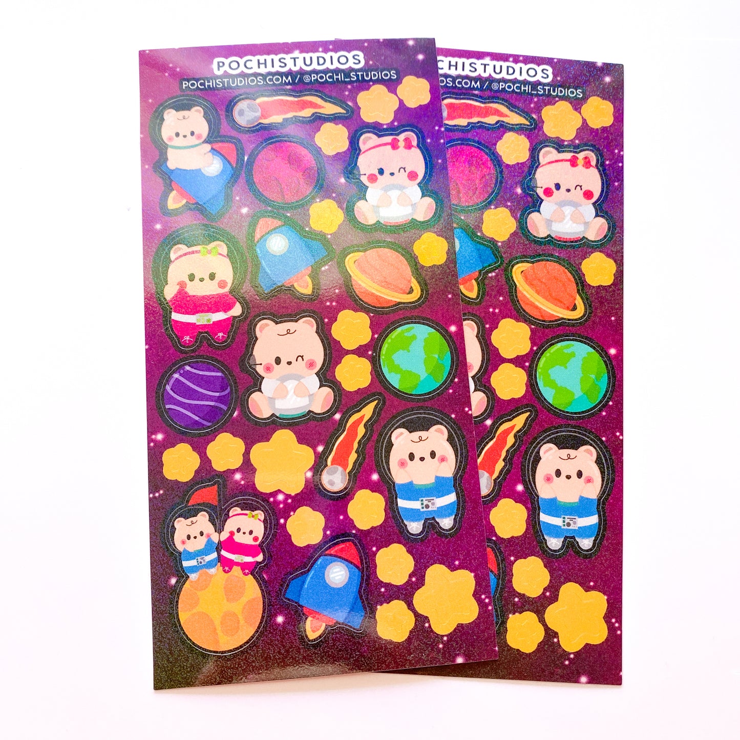 Baby Bear Twins Space & Planets Holographic Sparkly Vinyl Sticker Sheet