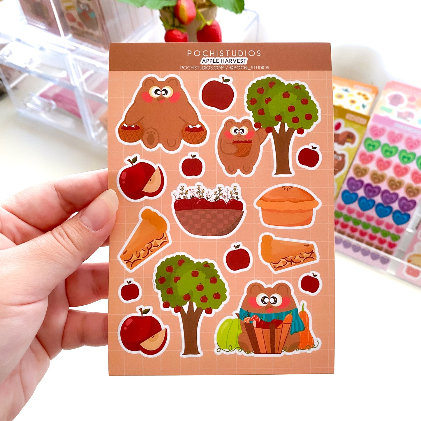 Cute Pochi Bear Apple Harvest Fall Vinyl Matte Sticker Sheet