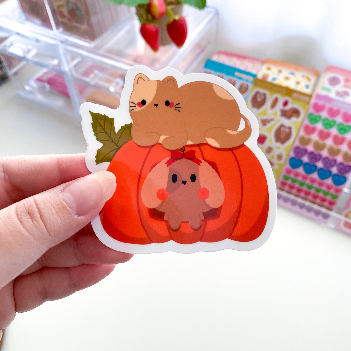 Cute Kitty Chubbs & Nina Puppy Fall Pumpkin Waterproof Clear Die-Cut Sticker