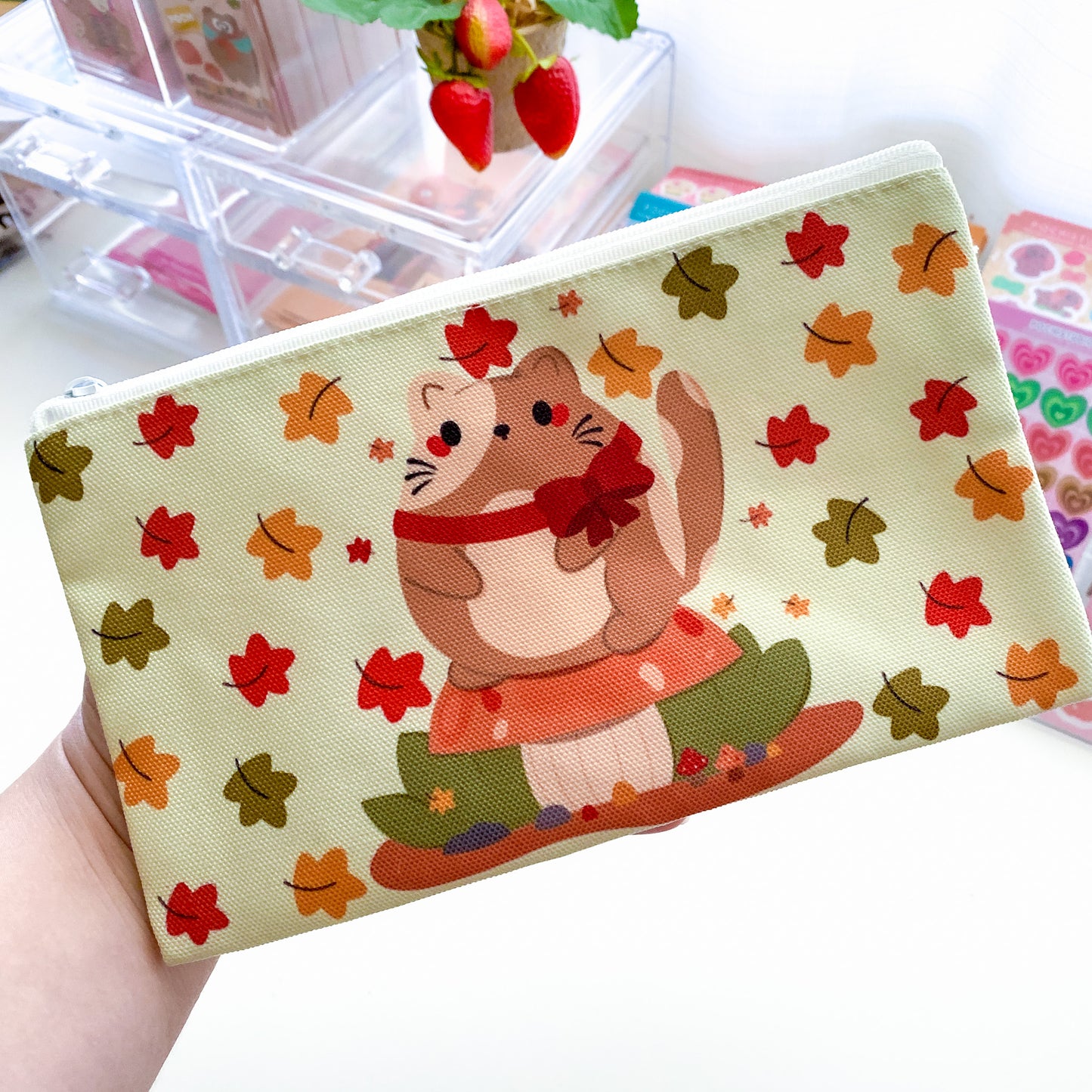 Chubby Kitty Chubbs Cute Fall Leaves Pencil Pouch