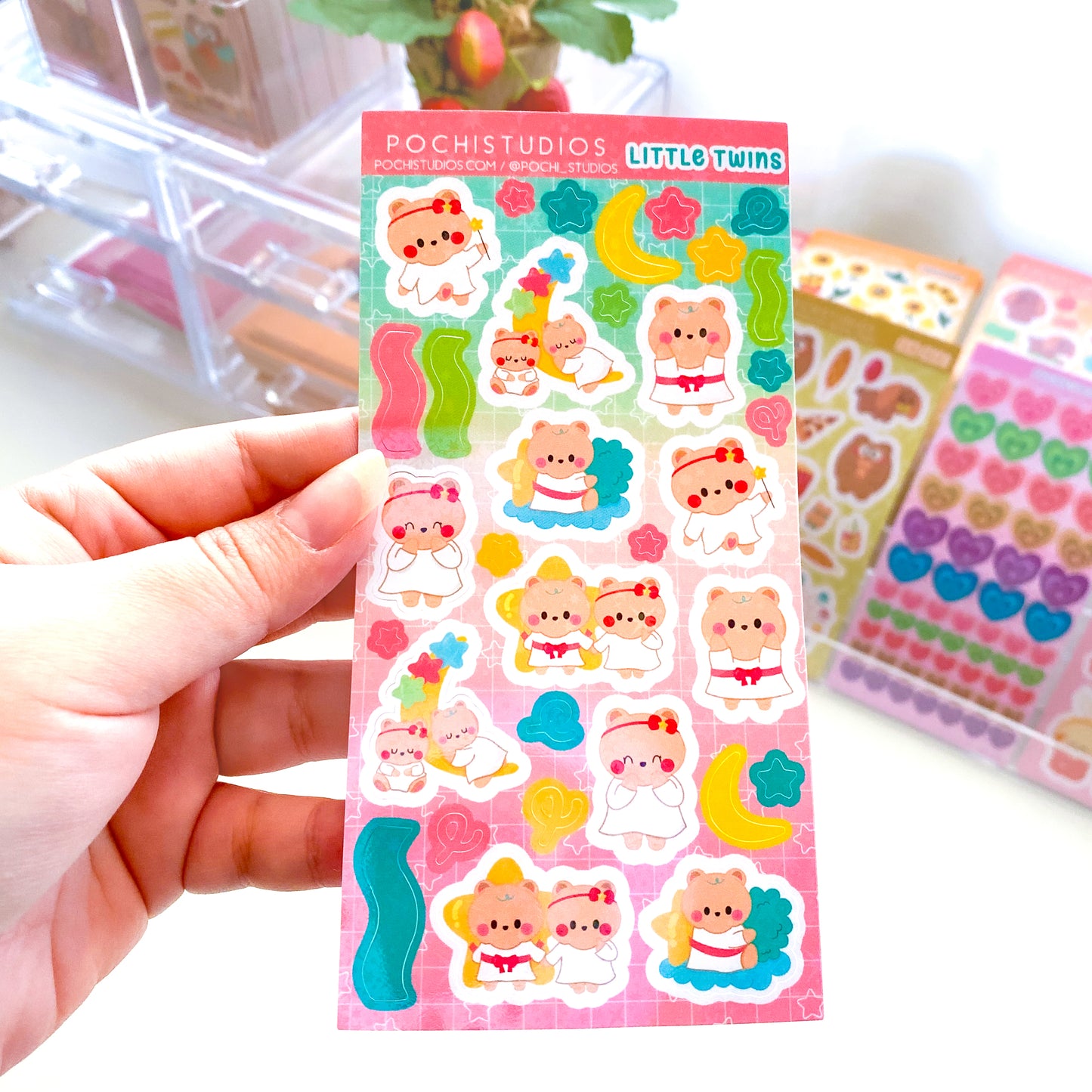 Colorful Deco Cookie & Berries Baby Bear Twins Sparkly Vinyl Sticker Sheet