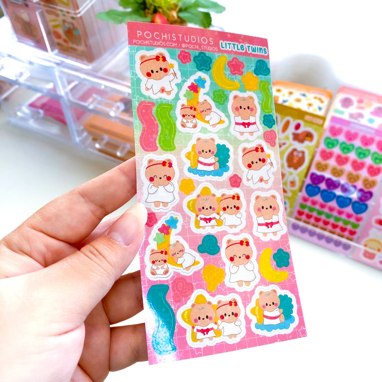 Colorful Deco Cookie & Berries Baby Bear Twins Sparkly Vinyl Sticker Sheet