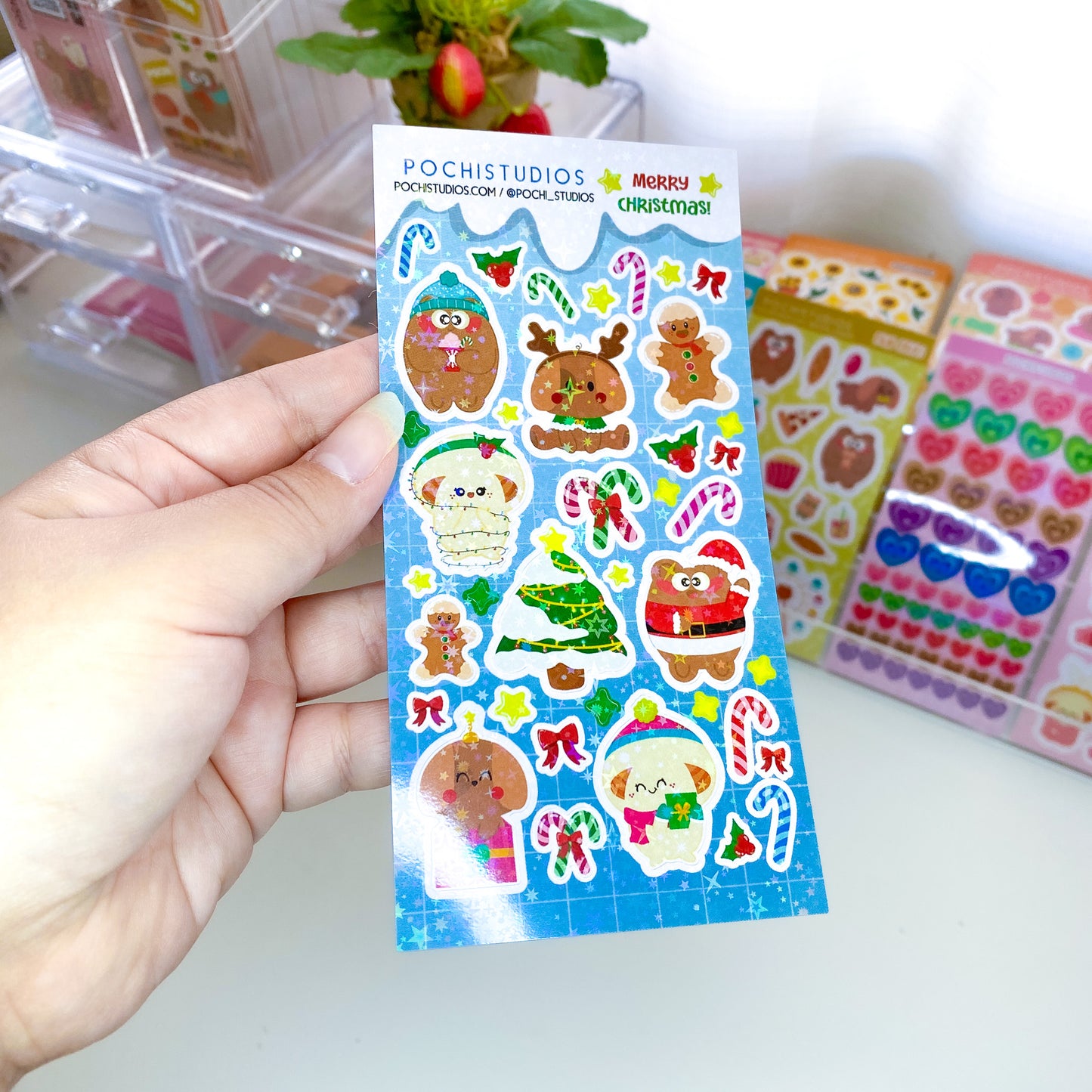 Merry Christmas From Pochifam Holographic Sparkly Vinyl Sticker Sheet