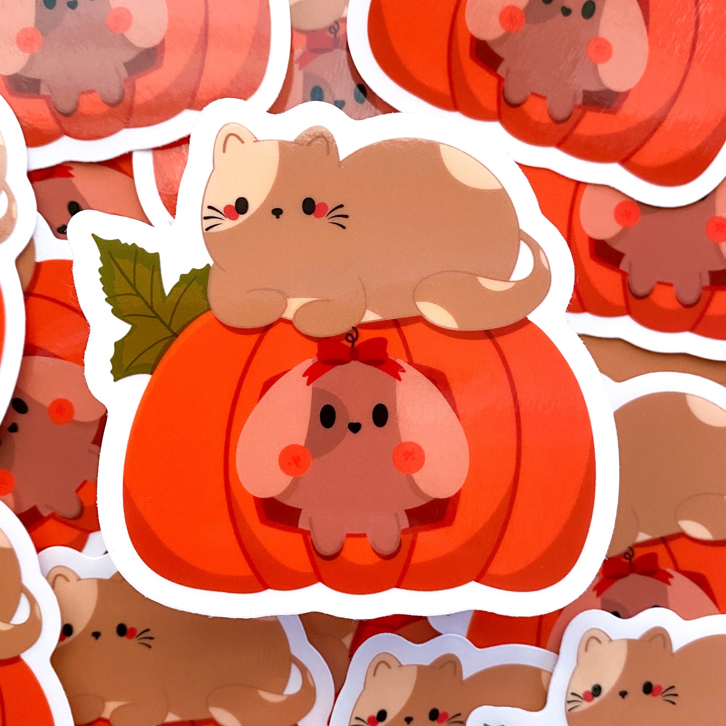 Cute Kitty Chubbs & Nina Puppy Fall Pumpkin Waterproof Clear Die-Cut Sticker