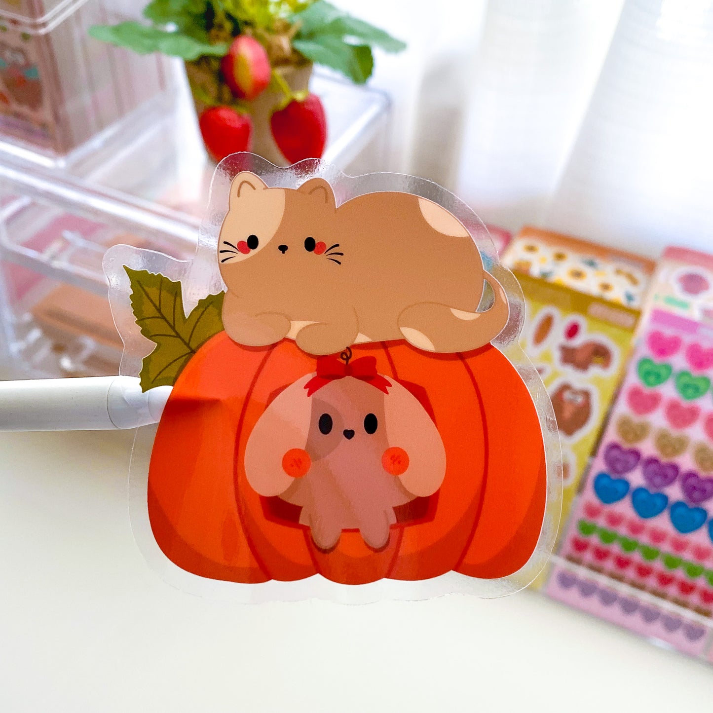 Cute Kitty Chubbs & Nina Puppy Fall Pumpkin Waterproof Clear Die-Cut Sticker