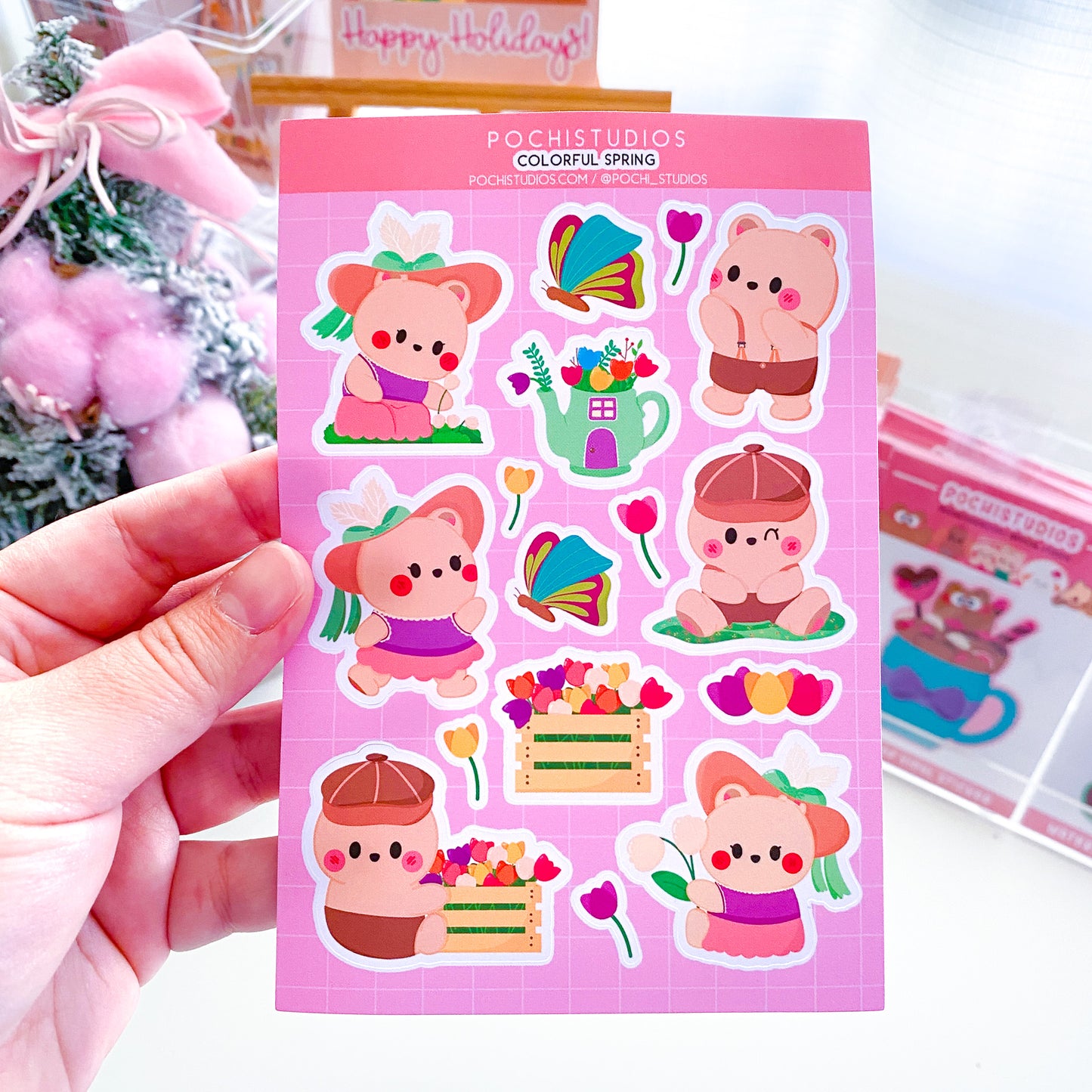 Colorful Pastel Color Spring Cute Baby Bears Cookie & Berries Matte Vinyl Sticker Sheet