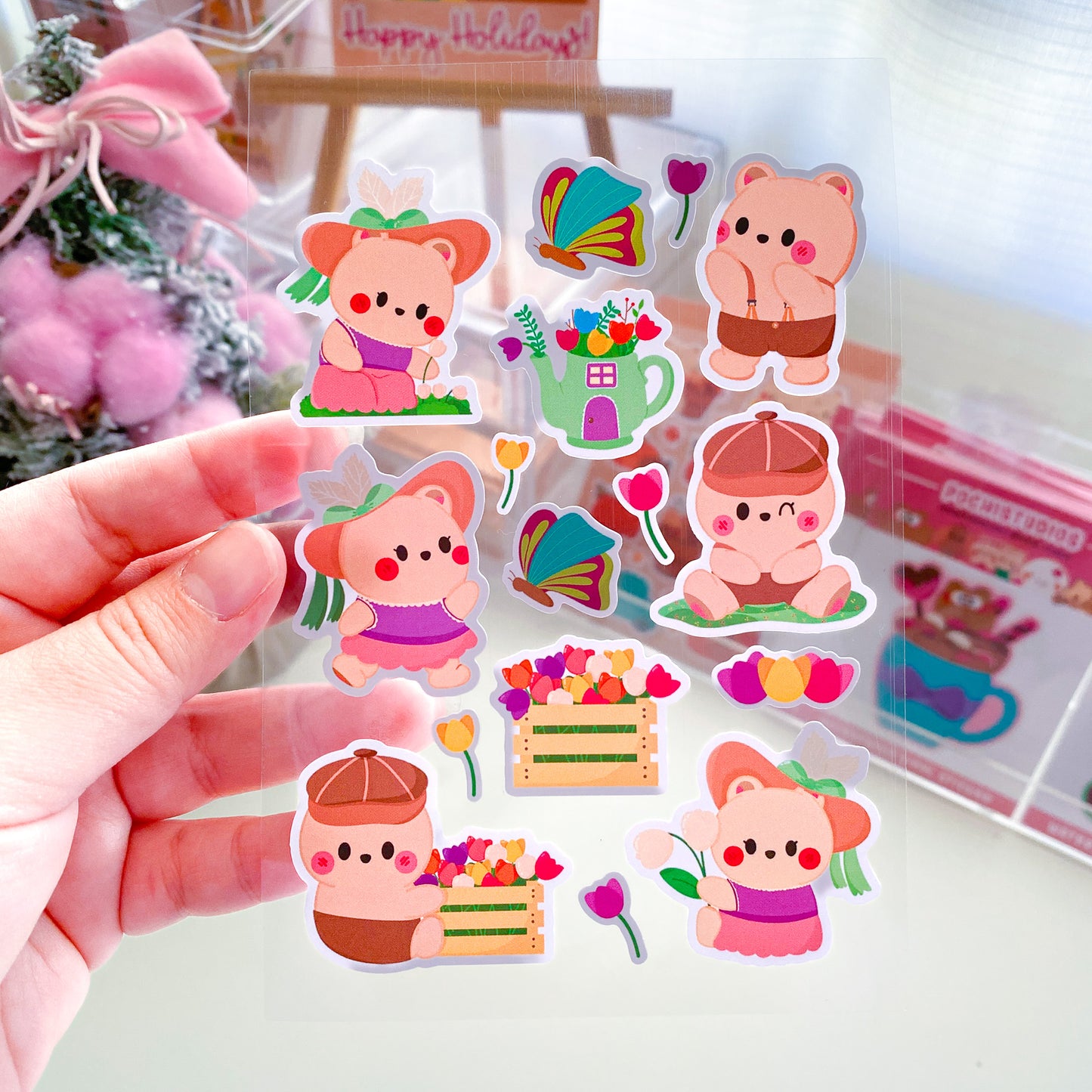 Colorful Pastel Color Spring Cute Baby Bears Cookie & Berries Matte Vinyl Sticker Sheet