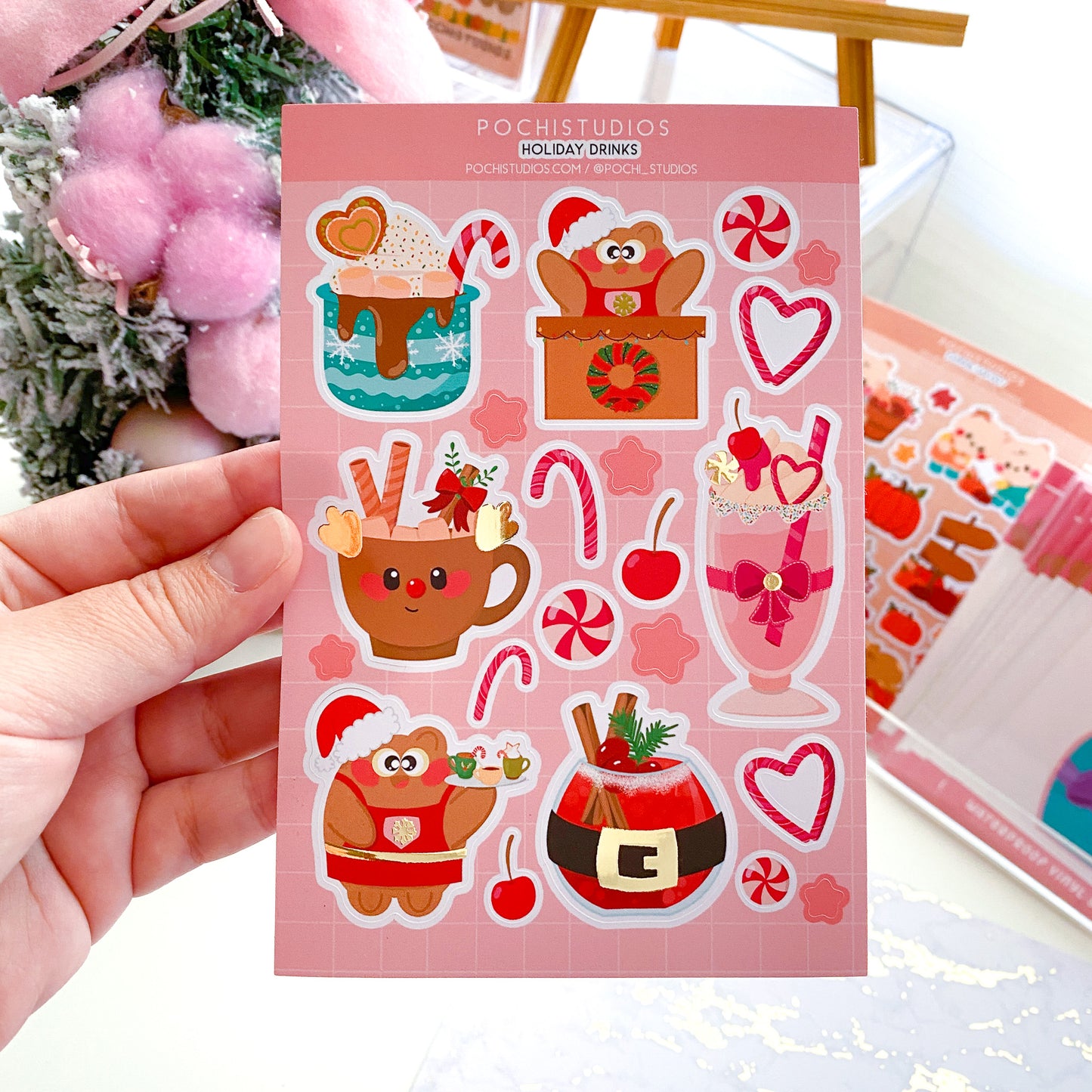 Holiday Pink Drinks Pochi Bear Bartender Matte Holo Gold Foil Vinyl Sticker Sheet