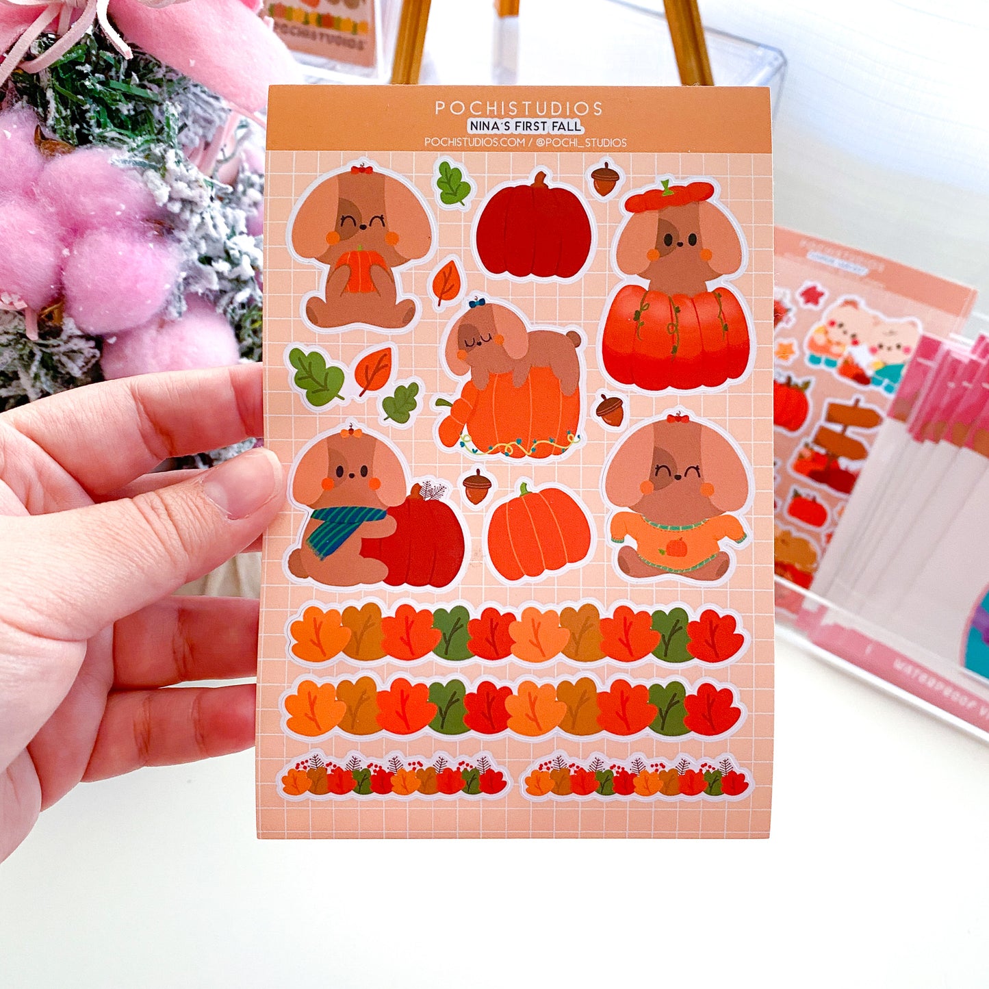 First Nina's Cute Puppy Autumn with Pumpkins! Matte Vinyl Sticker Sheet