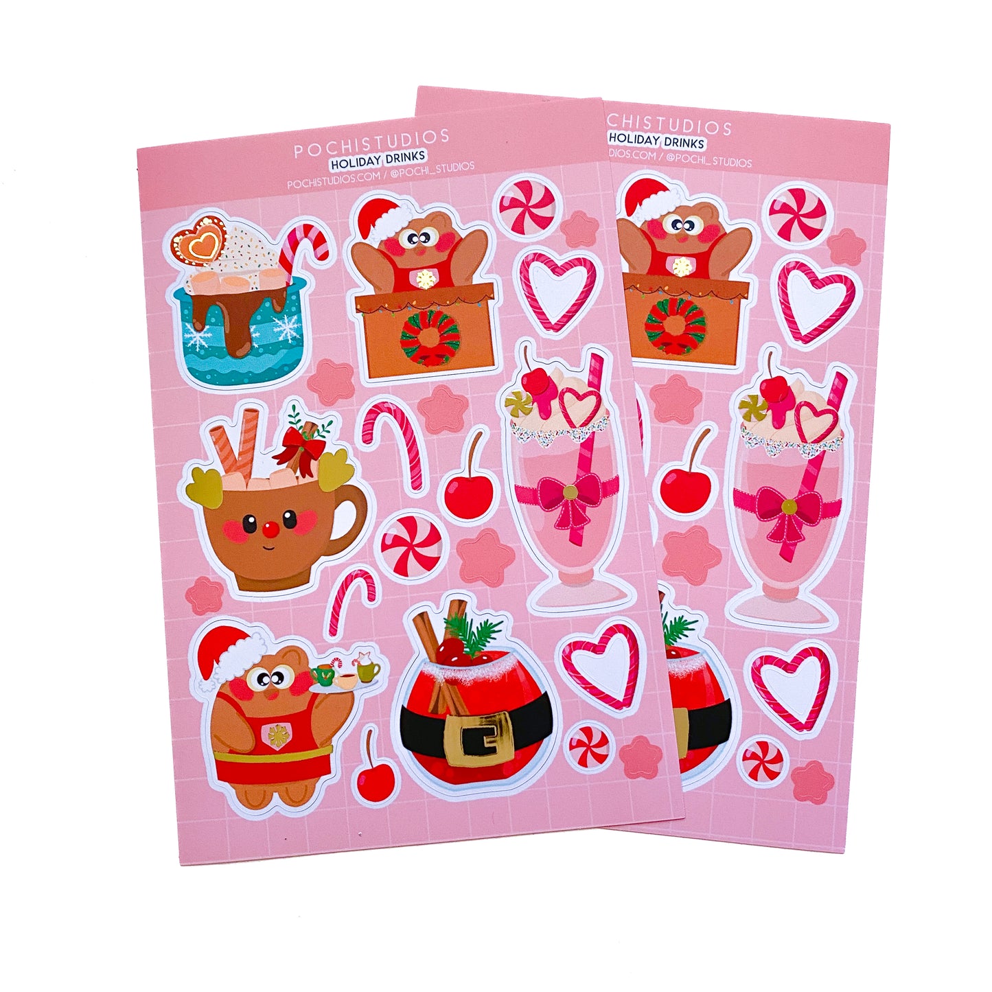 Holiday Pink Drinks Pochi Bear Bartender Matte Holo Gold Foil Vinyl Sticker Sheet