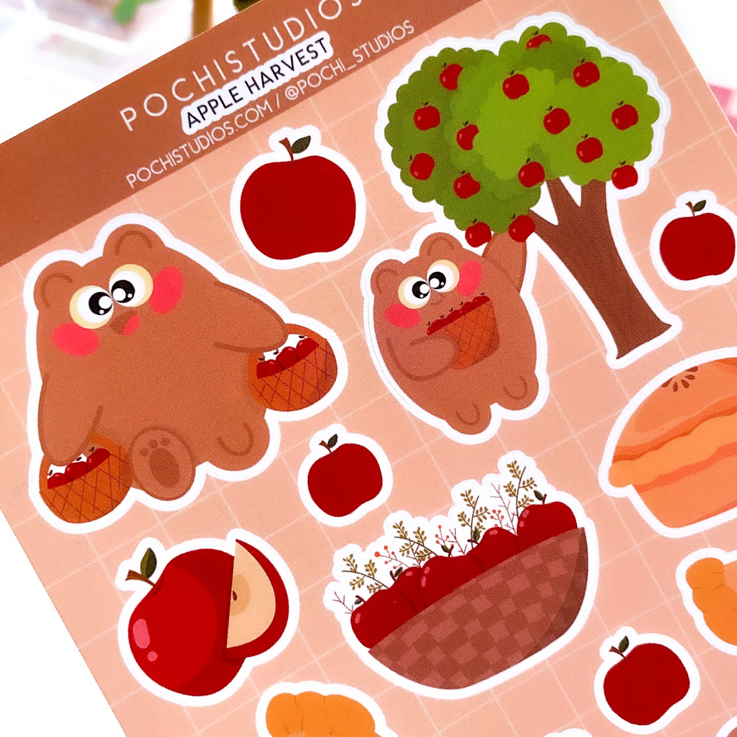 Cute Pochi Bear Apple Harvest Fall Vinyl Matte Sticker Sheet