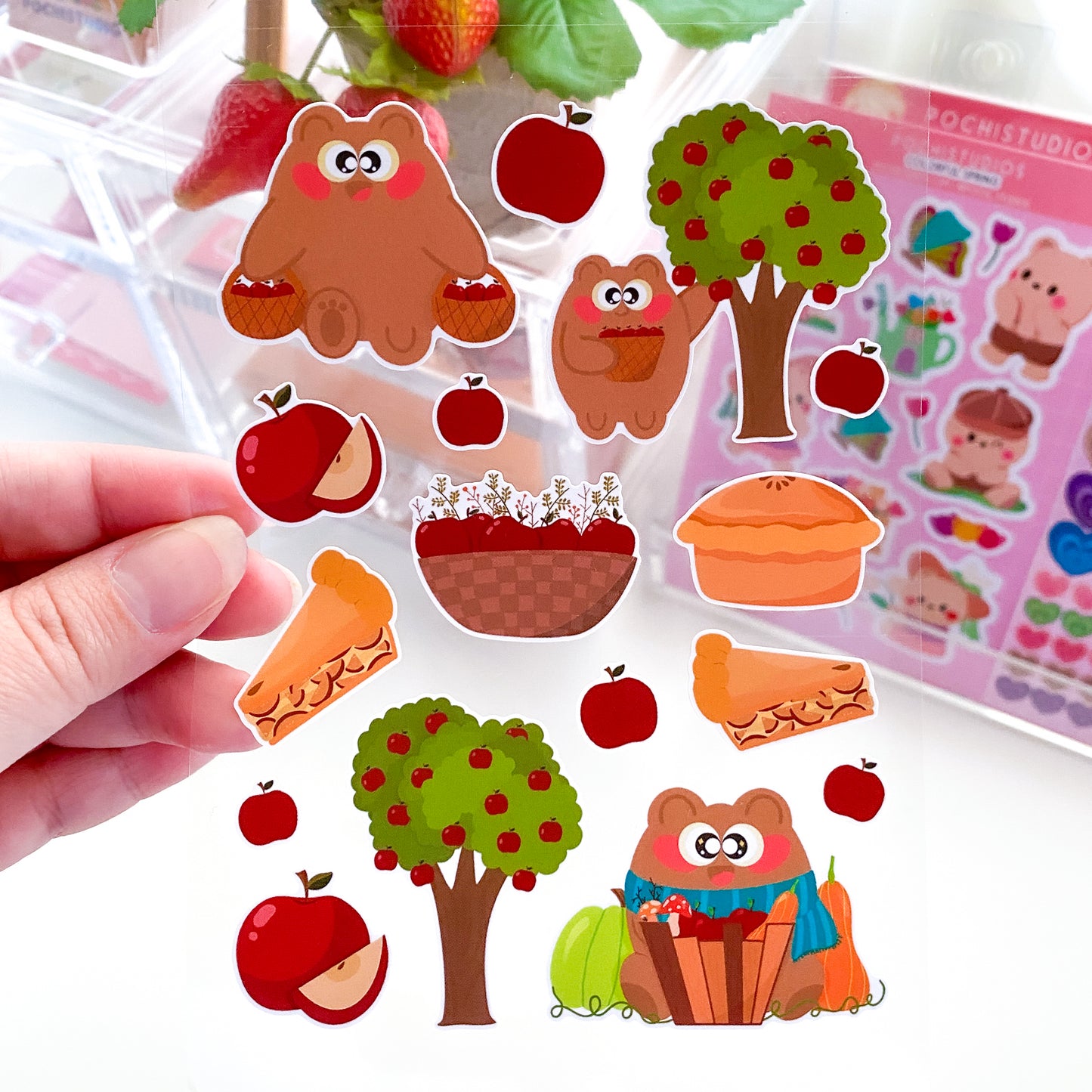 Cute Pochi Bear Apple Harvest Fall Vinyl Matte Sticker Sheet