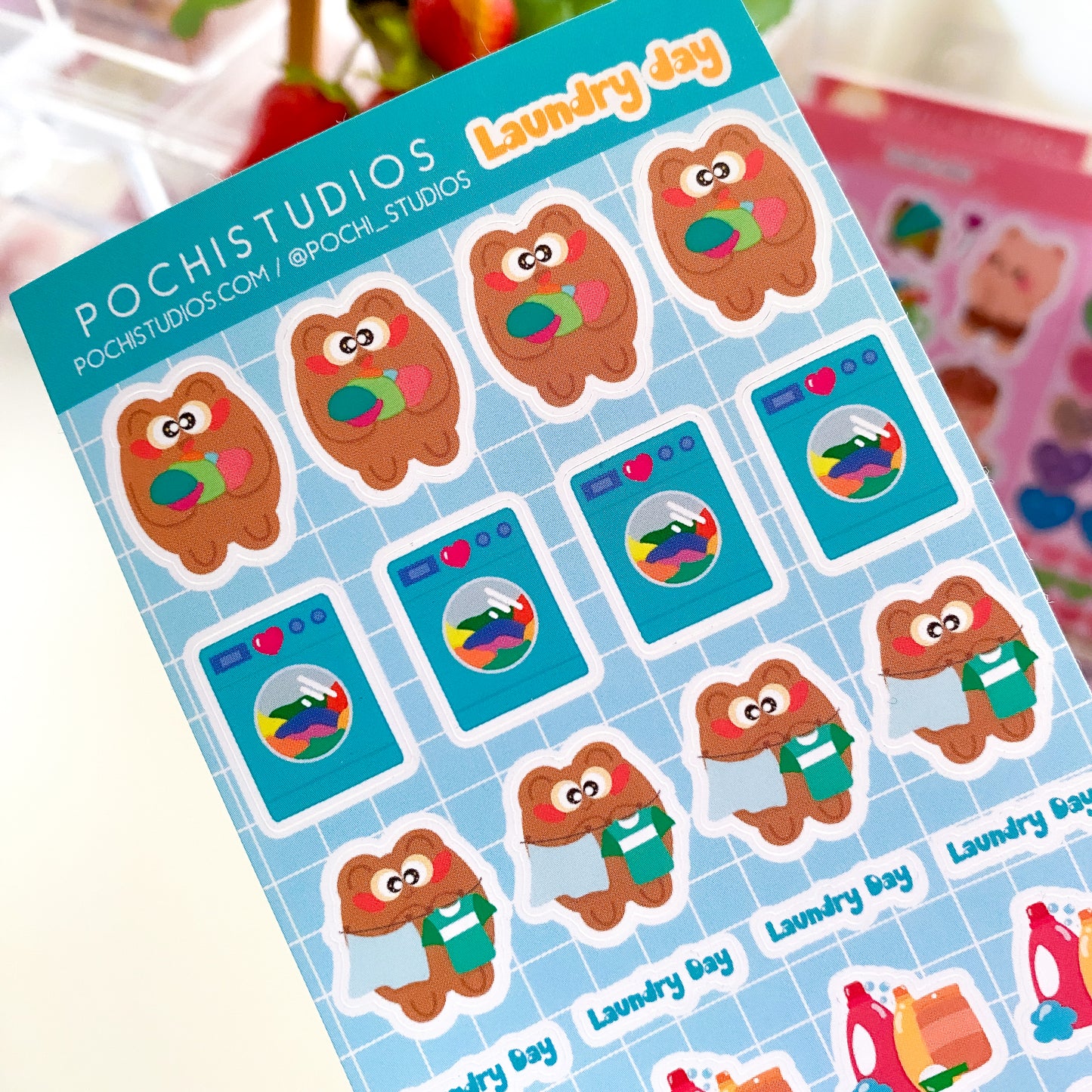 Laundry Day With Pochi Bear Planner Bujo Matte Vinyl Sticker Sheet