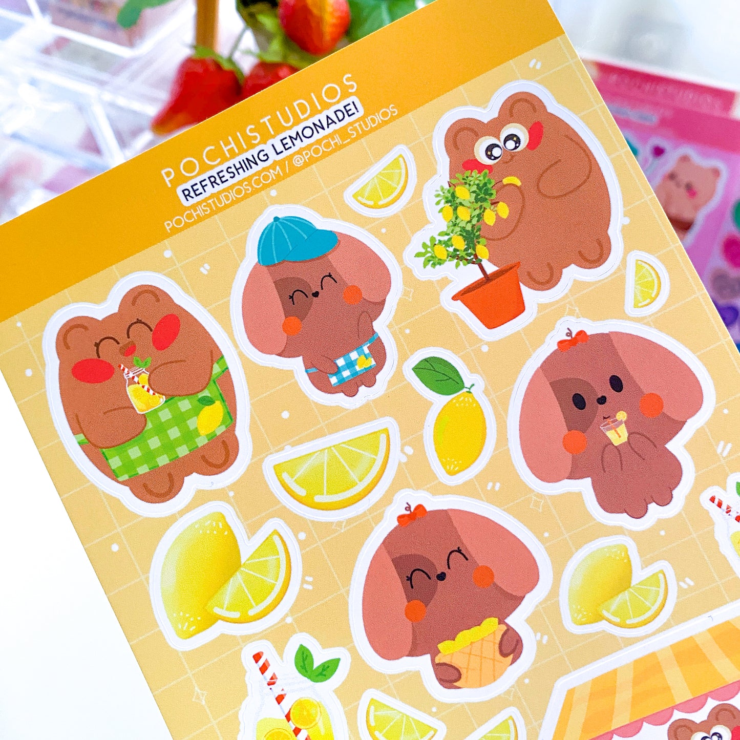 Refreshing Lemonade Pochi Bear & Nina Puppy Matte Vinyl Sticker Sheet