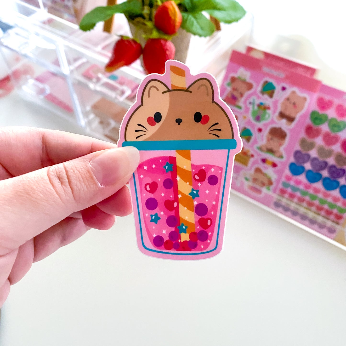 Pink Boba Cute Chubby Kitty Chubbs Waterproof Vinyl Sticker