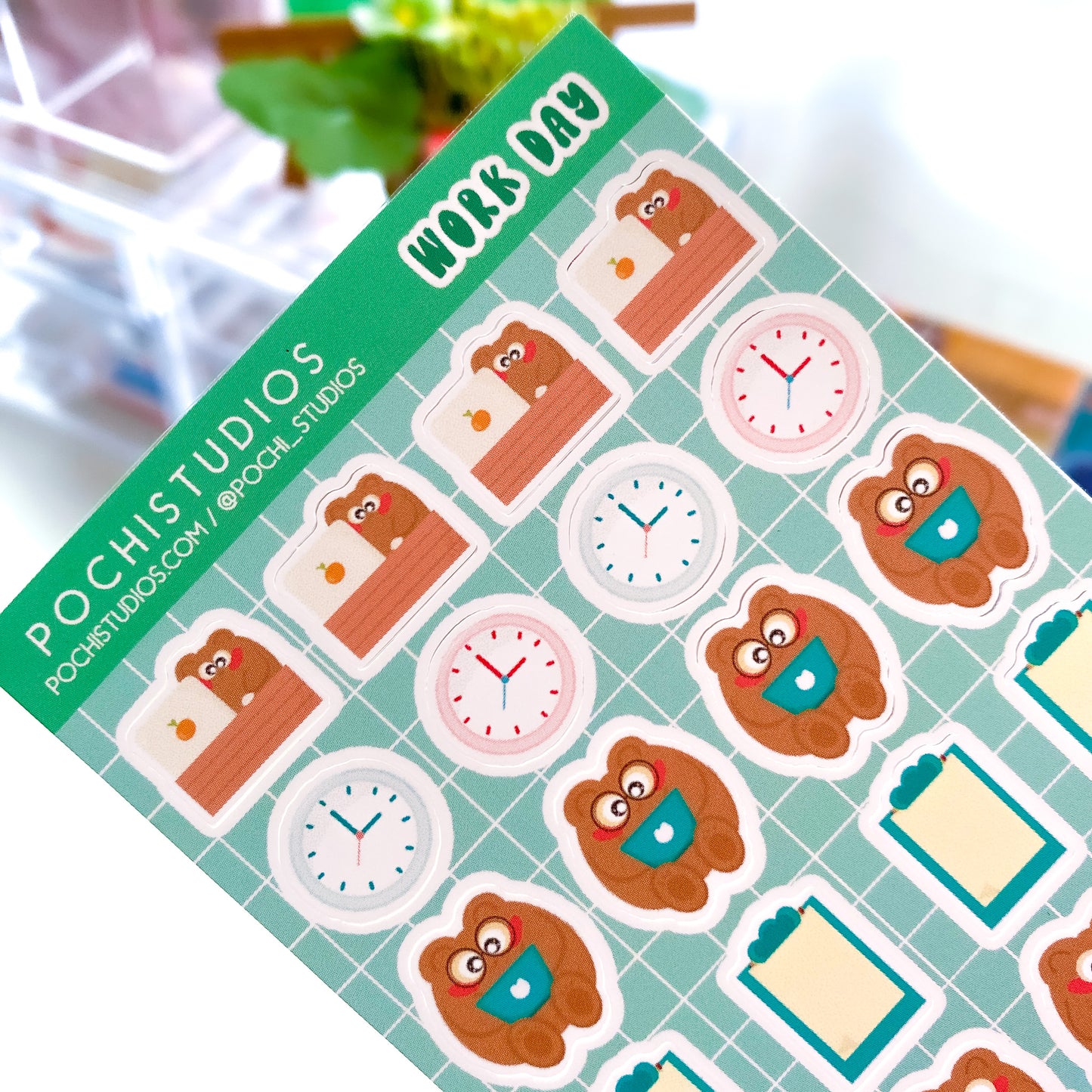 A Day at Work with Pochi Bear Matte Vinyl Sticker Sheet