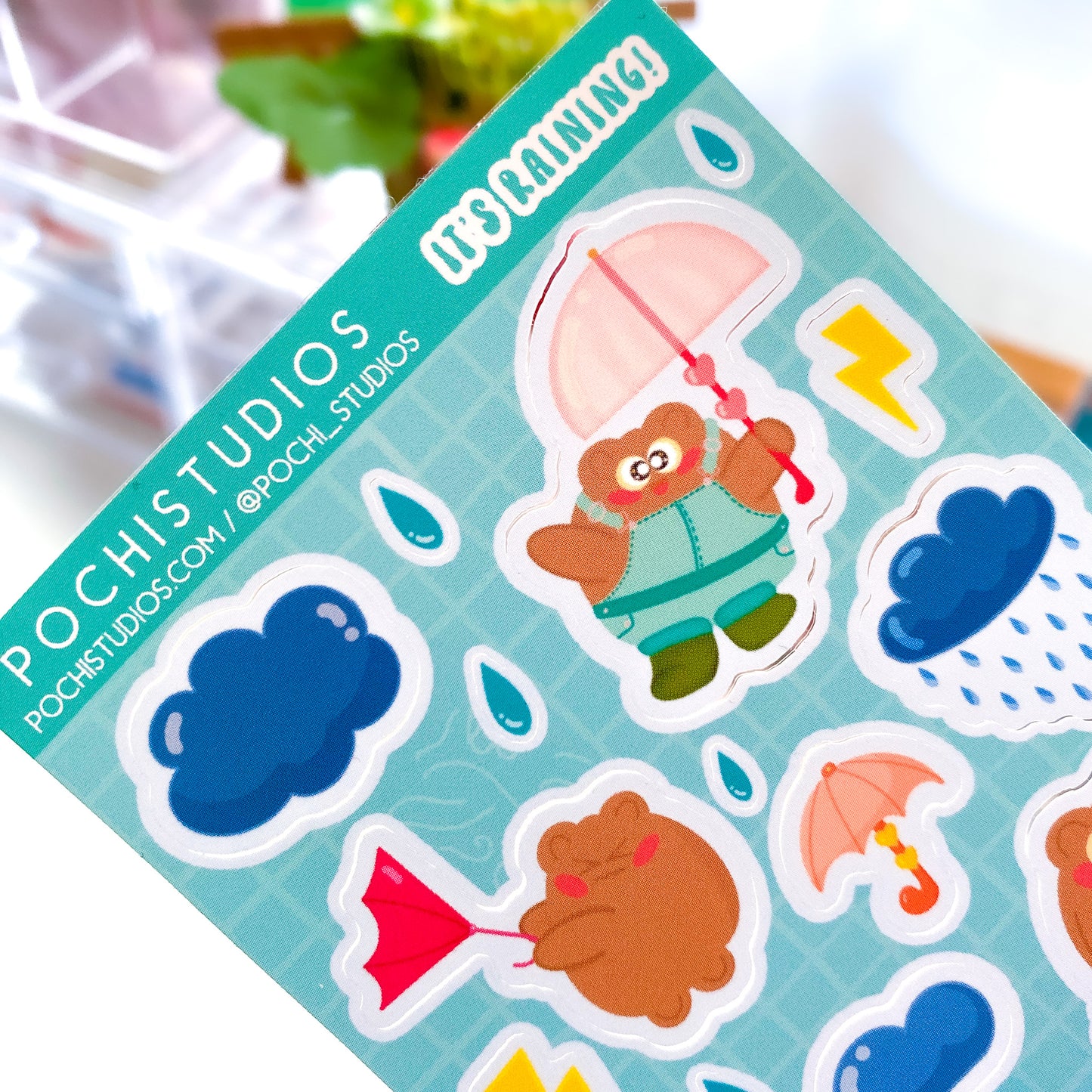 Dancing in the Rain Pochi Bear Matte Vinyl Sticker Sheet