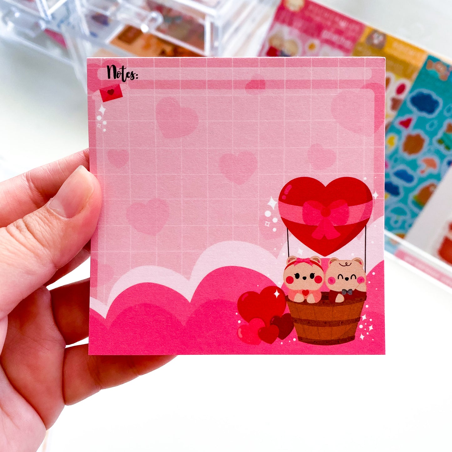 Adorable Baby Bear Twins "Love is in The Air" Hear Balloon Memo Pad