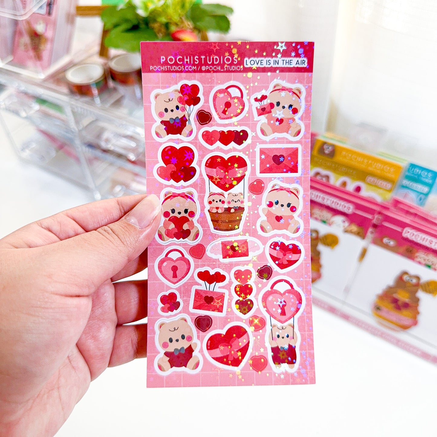 Adorable Baby Bear Twins Cookie & Berries "Love is in the air" Holo Sparkly Vinyl Sticker Sheet