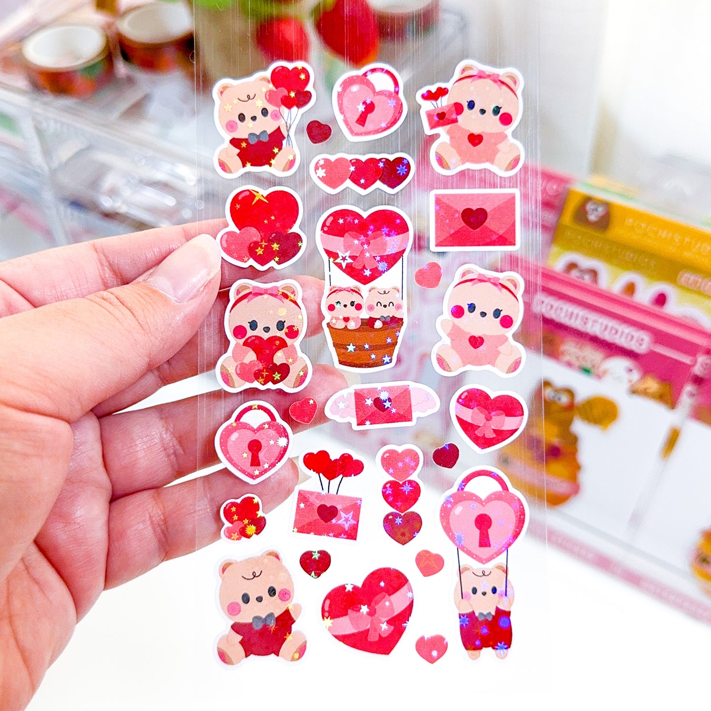 Adorable Baby Bear Twins Cookie & Berries "Love is in the air" Holo Sparkly Vinyl Sticker Sheet