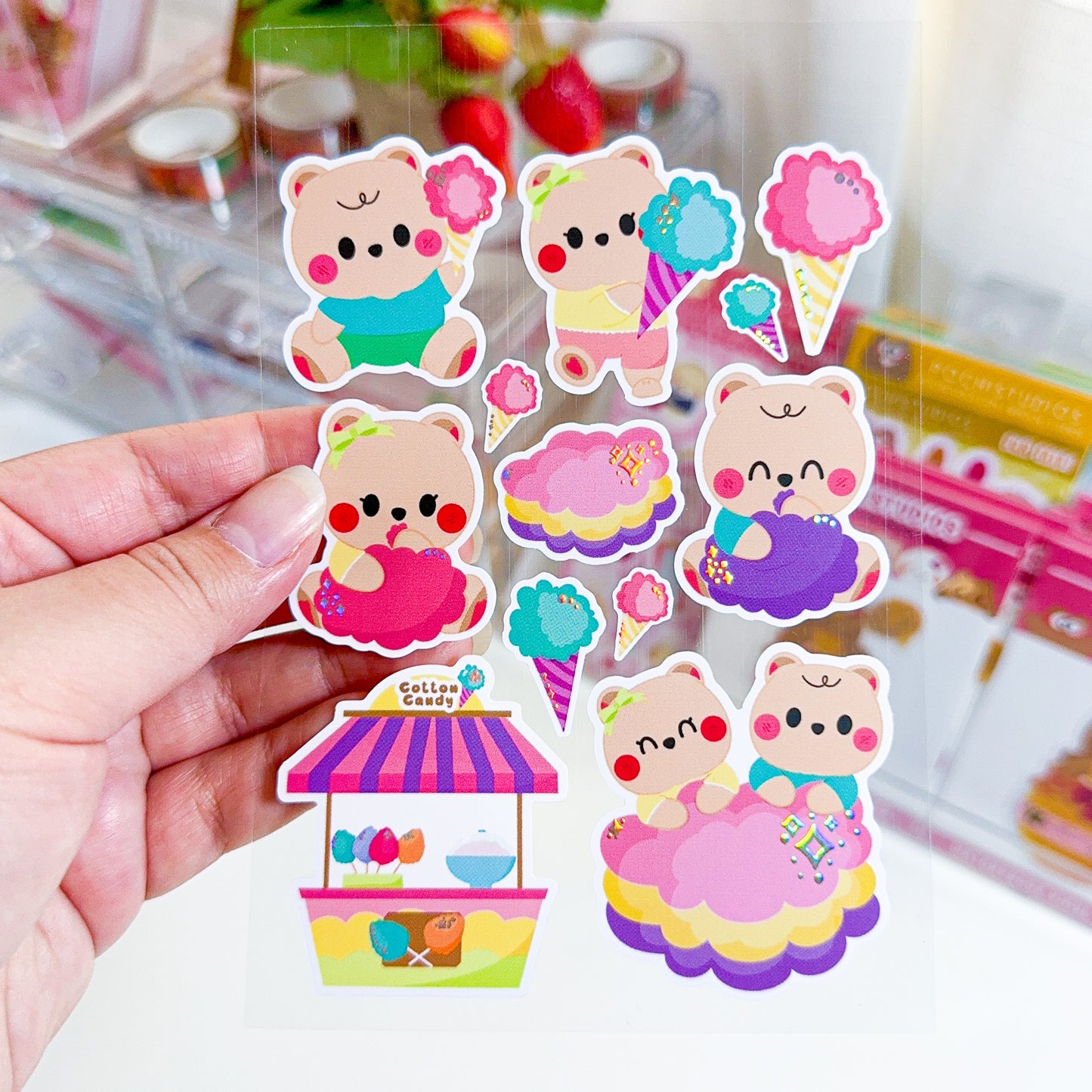 Colorful Pastel Color Baby Bear Twins "Cotton Candy" Matte Holo Vinyl Sticker Sheet