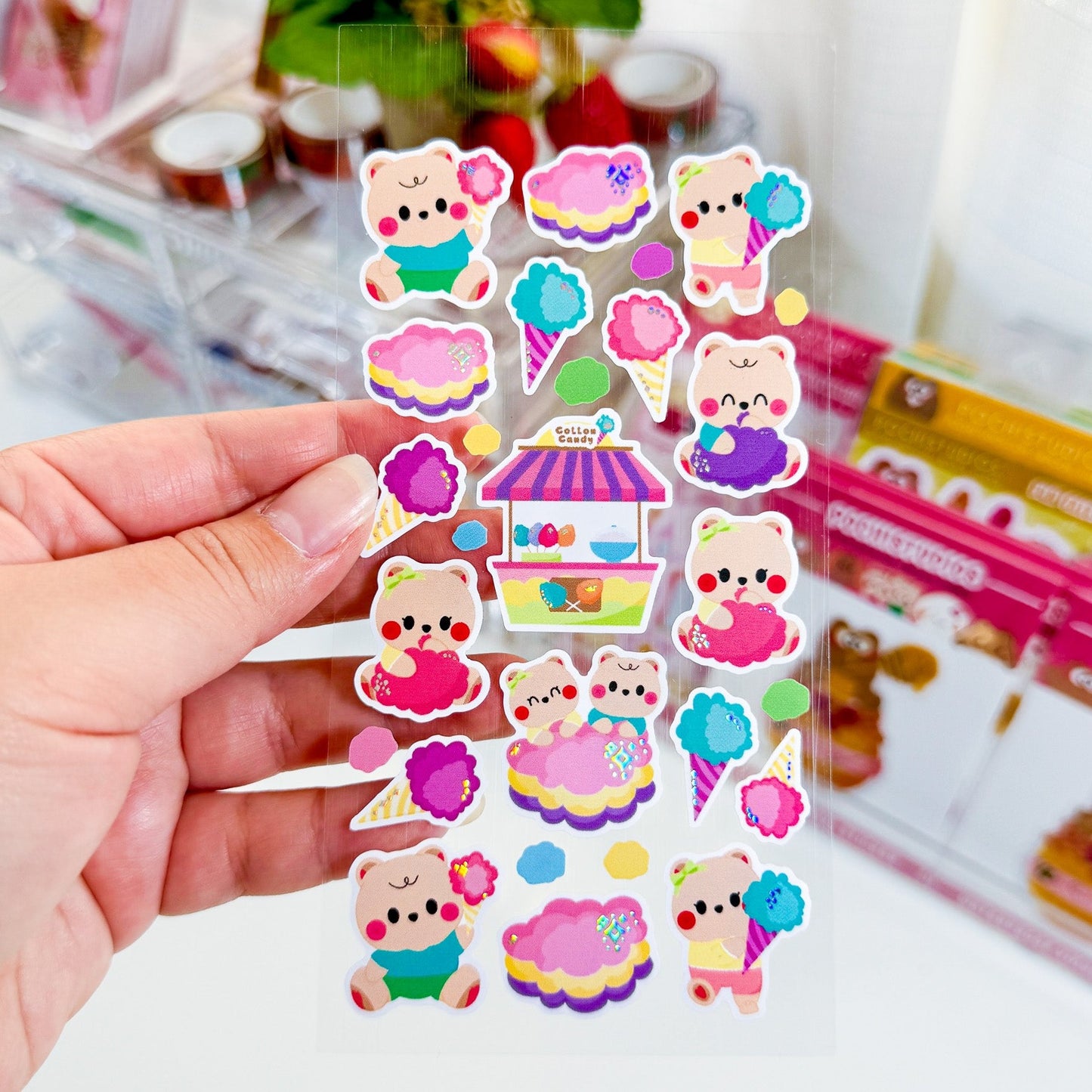 Colorful Baby Bear Twins Cookie & Berries "Cotton Candy" Matte Holographic Vinyl Sticker Sheet