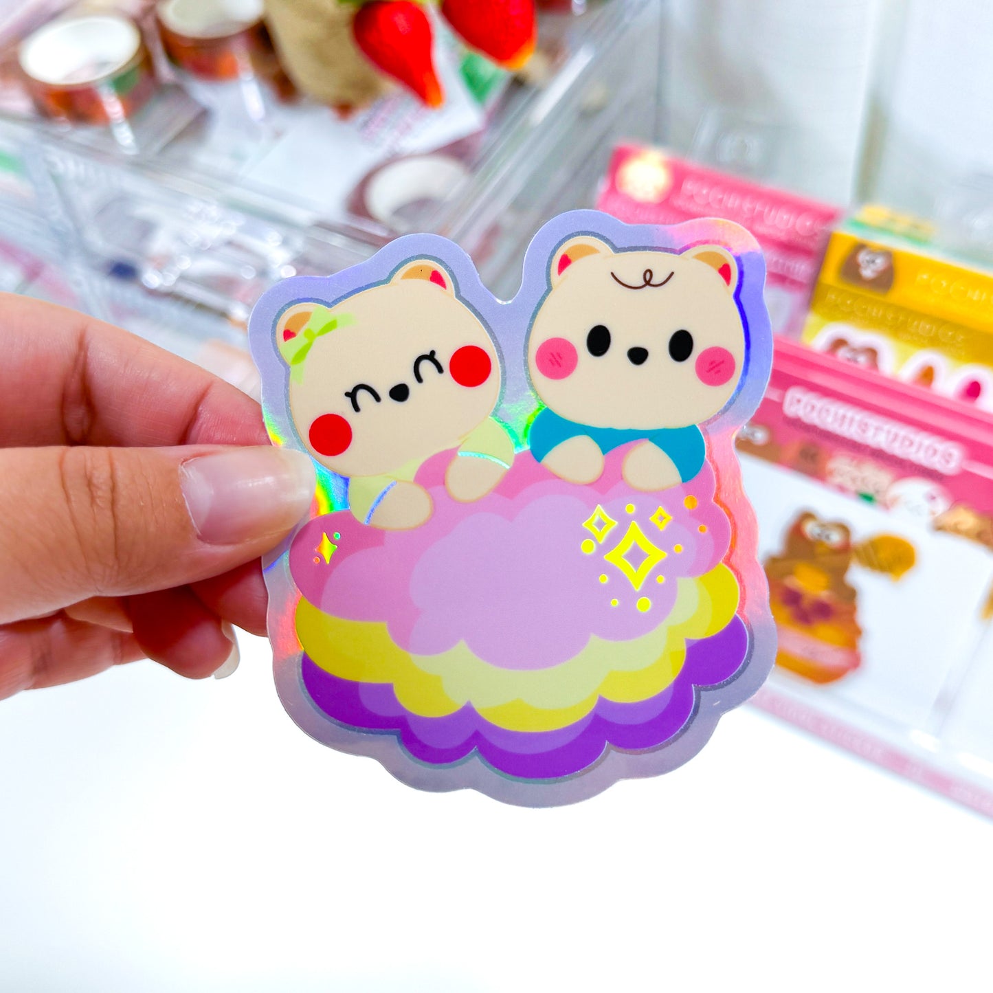 Colorful Baby Bear Twins Cotton Candy Soft Holographic Waterproof Sticker