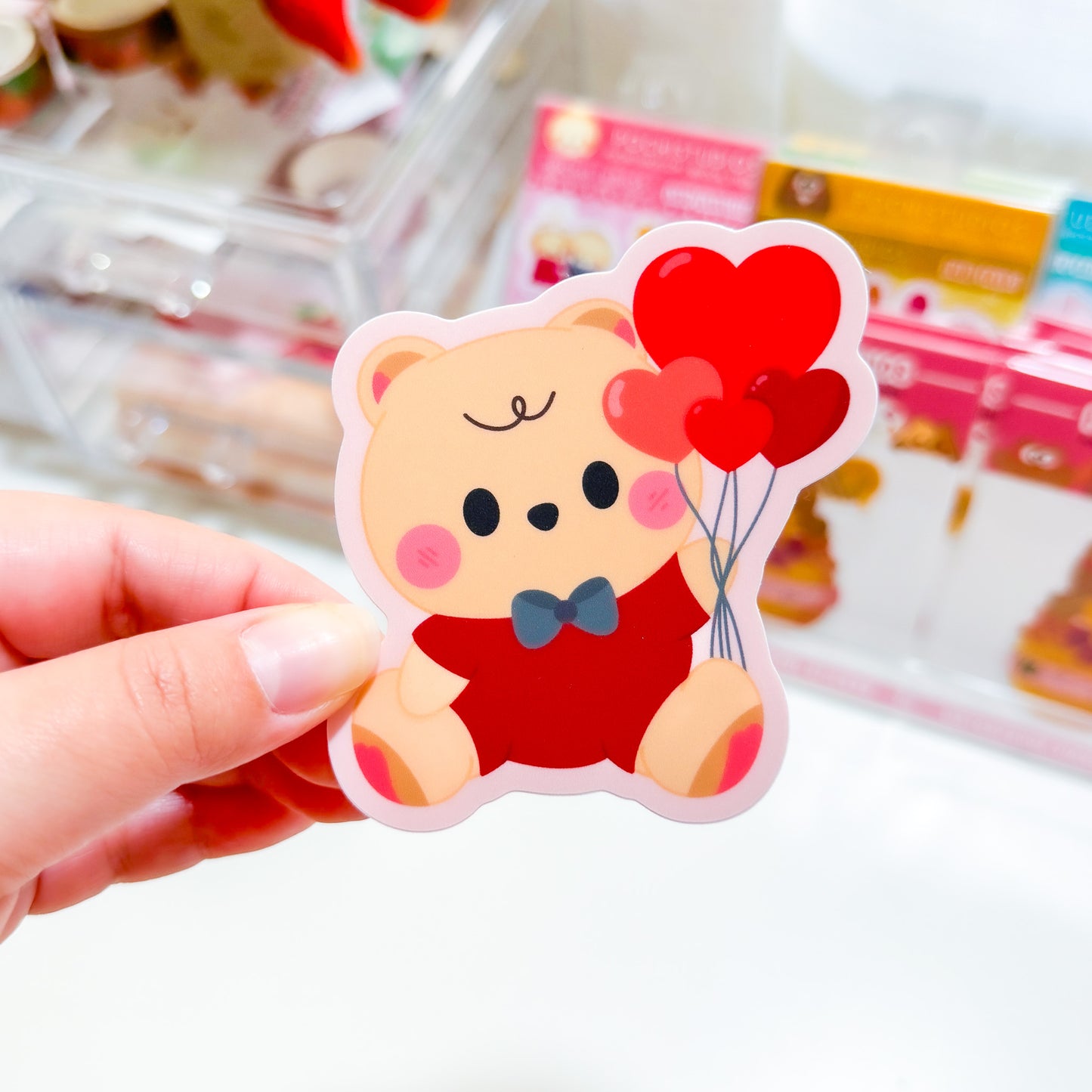 Adorable Baby bear Twin Cookie with Red Heart Balloons Waterproof Vinyl Die-Cut Sticker