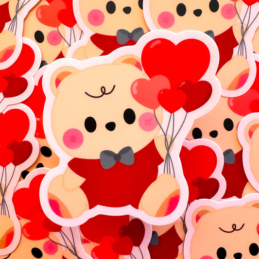 Adorable Baby bear Twin Cookie with Red Heart Balloons Waterproof Vinyl Die-Cut Sticker