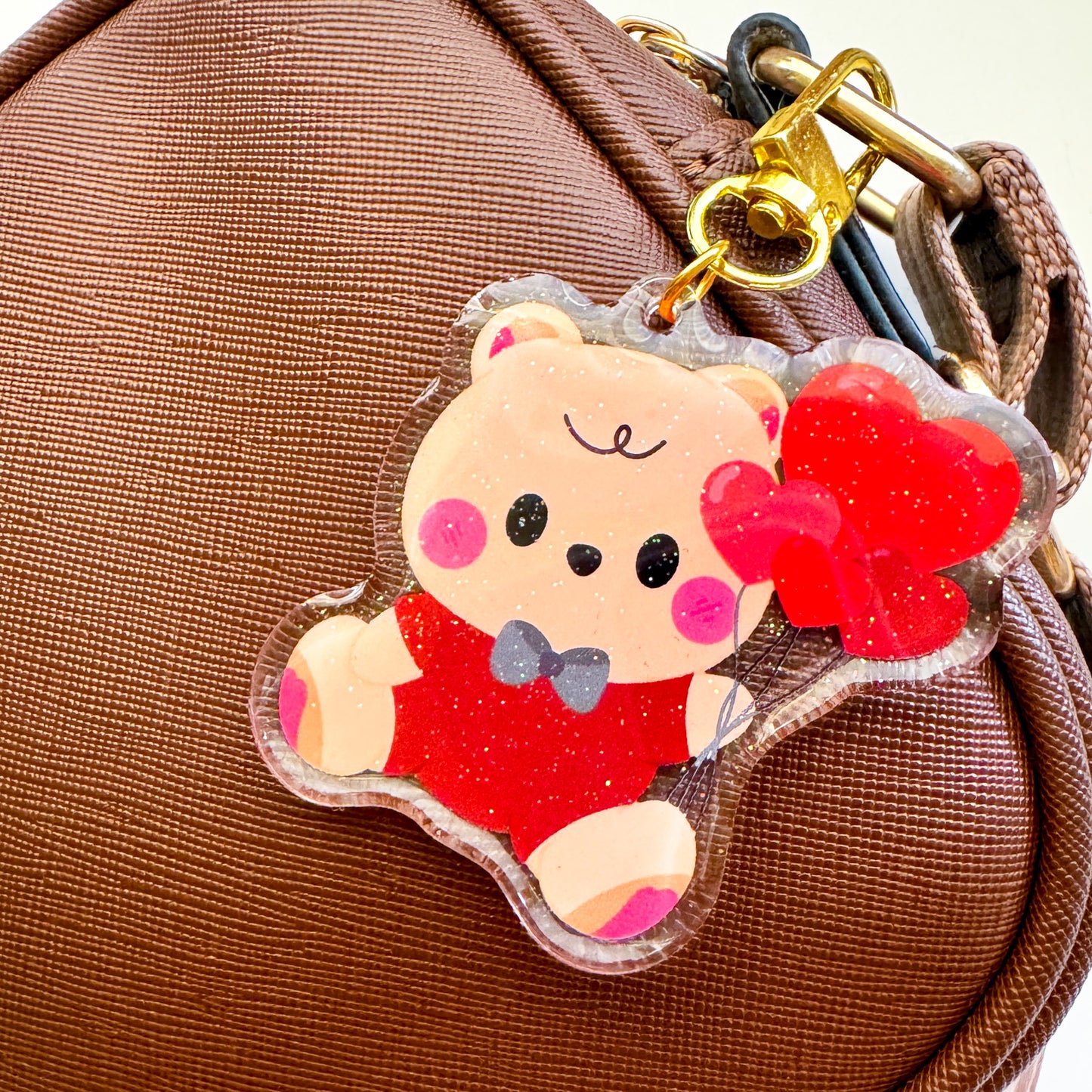 Cute Baby Bear Twin Cookie with Red Heart Balloons Epoxy Glittler "B" Grade Keychain