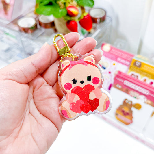 Cute Baby Bear Twin Berries with Red & Pink Heart Balloons Glitter Epoxy "B" Grade Keychain