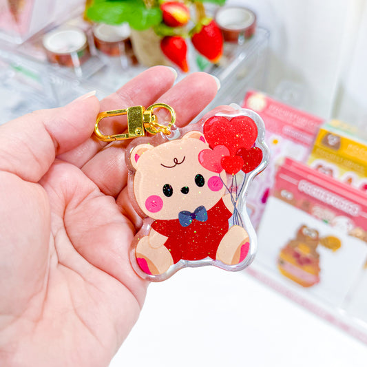 Cute Baby Bear Twin Cookie with Red Heart Balloons Epoxy Glittler "B" Grade Keychain