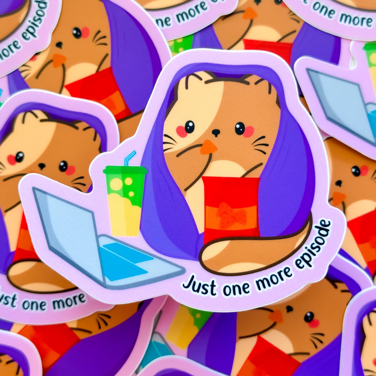 Colorful Chubbs Cat Just One More Episode Waterproof Matte Vinyl Sticker