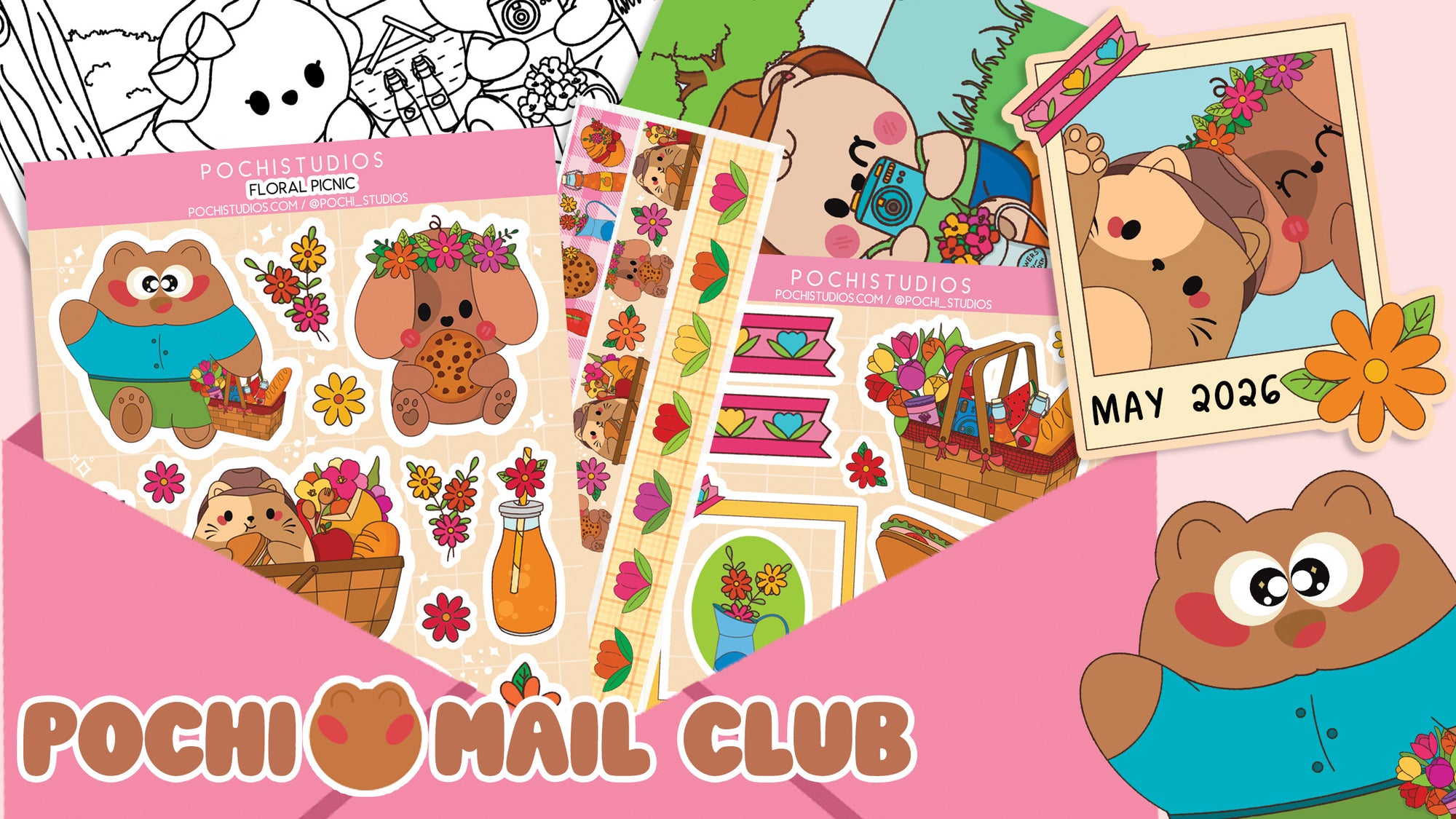 Sticker sheets and a calendar with cartoon characters on a pink background, featuring 'Pochi Mail Club'.