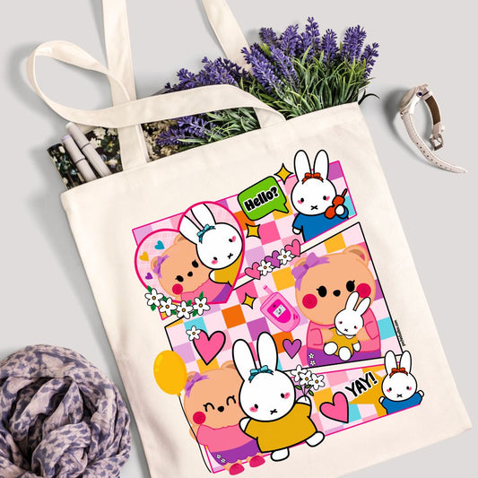 Cute Pink Bear Berries & Bunny Friends Tote Bag