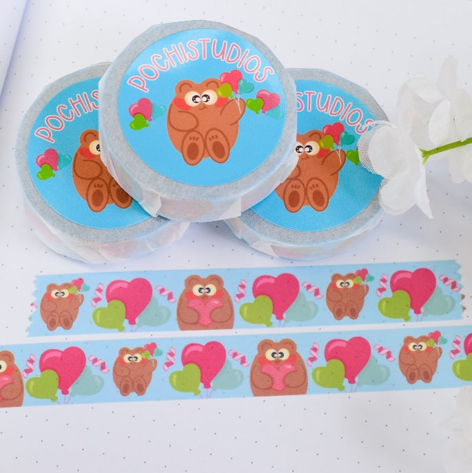 Cute Blue Pochi Bear Heart Balloons Washi Tape