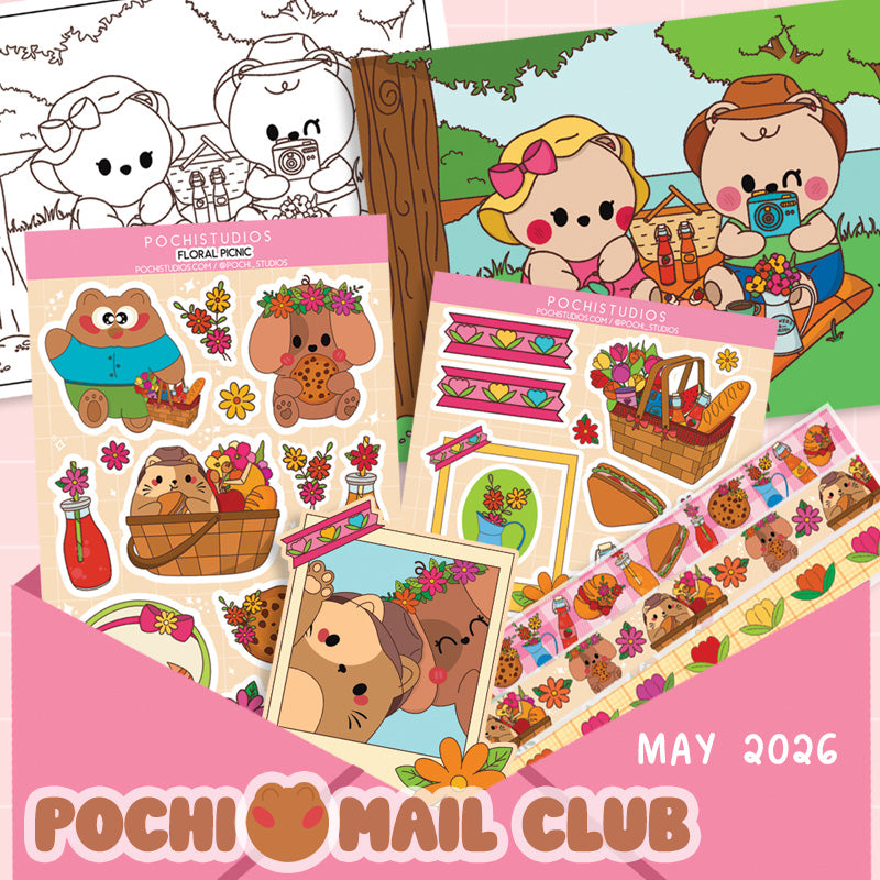 Sticker sheets from Pochi Mail Club with original characters and picnic theme, featuring 'Floral Picnic' set for May 2026.